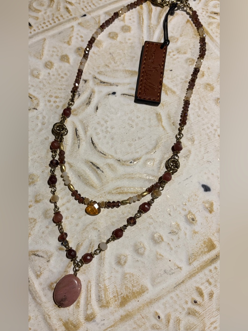 Simply Noelle Boho Pink Agate Layered Pendant Necklace - Women Jewelry